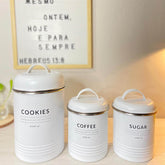 Conjunto 3 Latas Decorativas Cozinha Porta Café Açúcar e Biscoitos Copenhag Yoi Branco Fosco